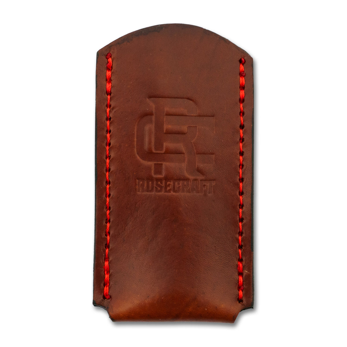 Front view of the RoseCraft Large Knife Slip in leather, showing the red stitching and embossed Locking RC logo.