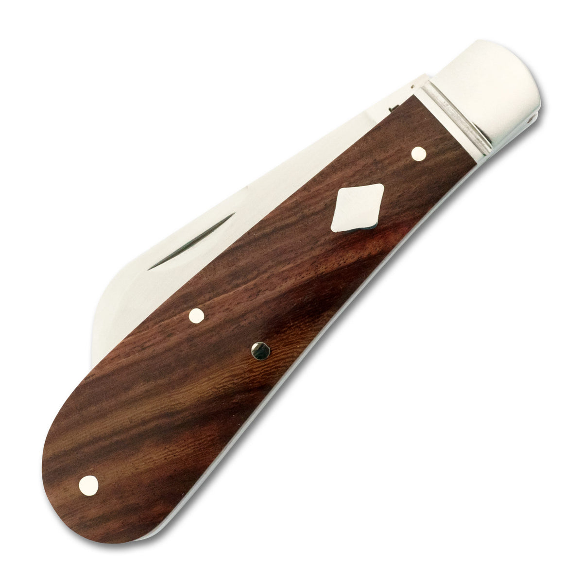 Front view of the RoseCraft Lick Creek Loom Fixer in rosewood, closed, highlighting the brushed steel bolster and polished wood grain.