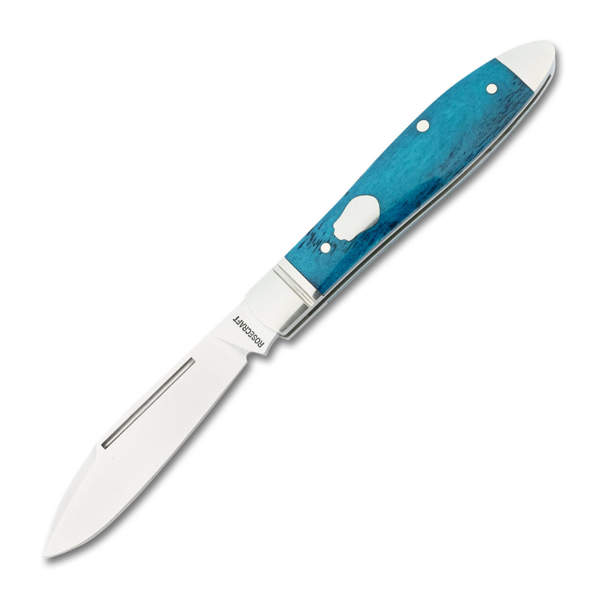 Tanasi Tear Drop fully open, showing the swedged D2 spear point blade and vibrant blue bone handle.